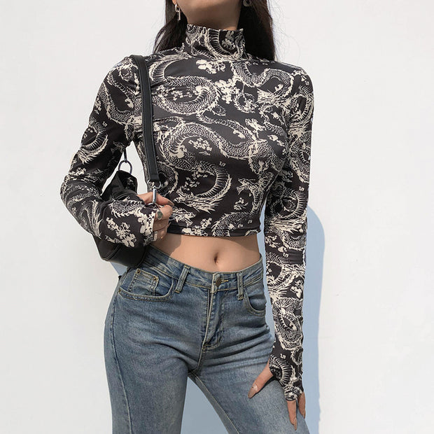 Print Anime Shirt Female Turtleneck Long Sleeve Woman Cropped Tshirts Vintage - Luxury Fashion London