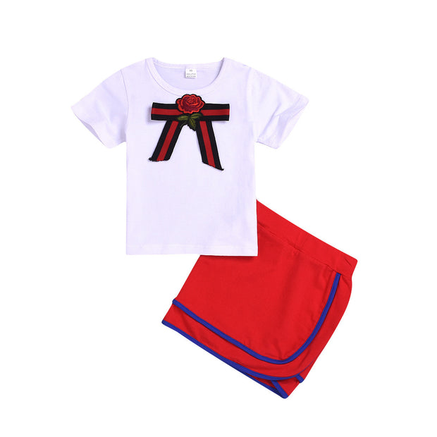 Hot-Selling Children's Clothing Bow White Short-Sleeved T-Shirt Suit Girls Bag Hip Skirt Suit - Luxury Fashion London