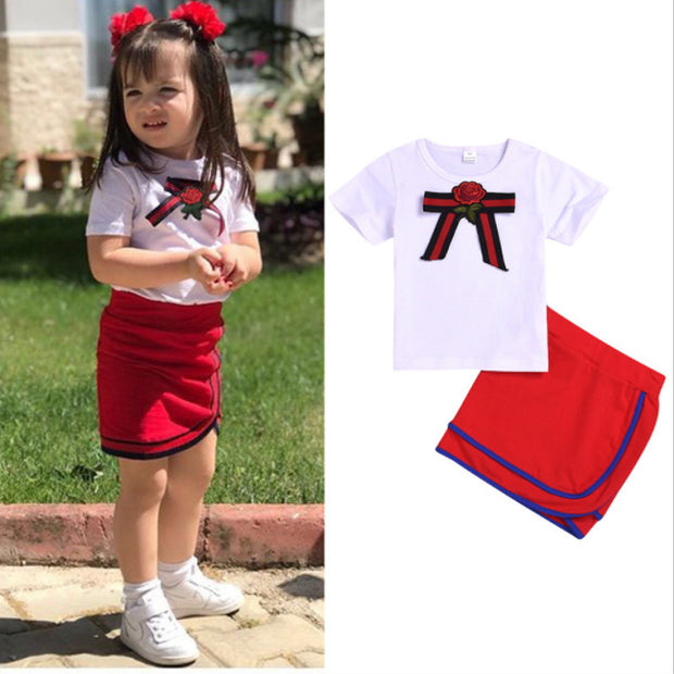 Hot-Selling Children's Clothing Bow White Short-Sleeved T-Shirt Suit Girls Bag Hip Skirt Suit - Luxury Fashion London