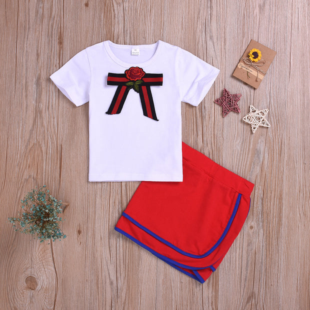 Hot-Selling Children's Clothing Bow White Short-Sleeved T-Shirt Suit Girls Bag Hip Skirt Suit - Luxury Fashion London