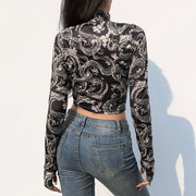 Print Anime Shirt Female Turtleneck Long Sleeve Woman Cropped Tshirts Vintage - Luxury Fashion London