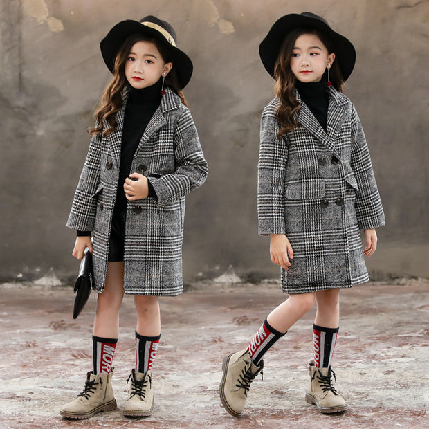 Gray plaid houndstooth coat for girls - Luxury Fashion London