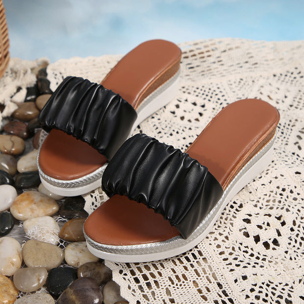 Pleated Slippers Summer Fashion Wedge Sandals For Women Outdoor Slides Simple Thick-soled Beach Shoes - Luxury Fashion London