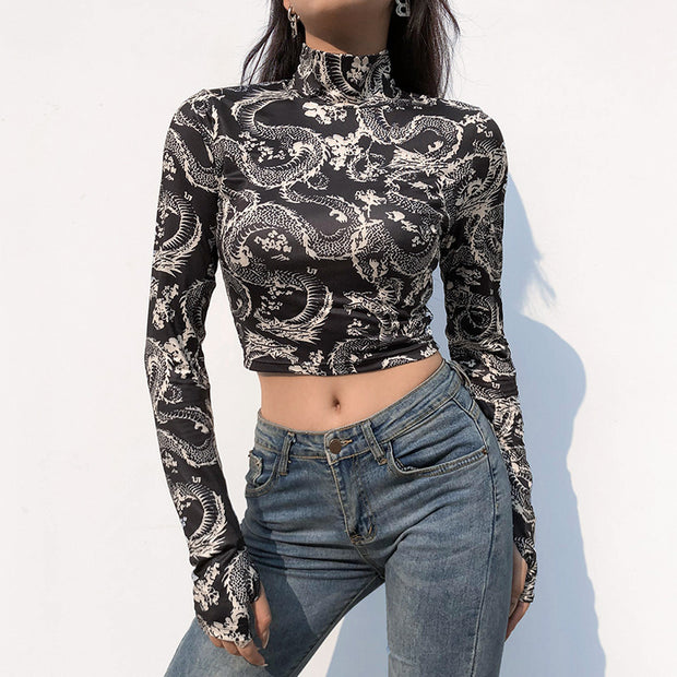 Print Anime Shirt Female Turtleneck Long Sleeve Woman Cropped Tshirts Vintage - Luxury Fashion London