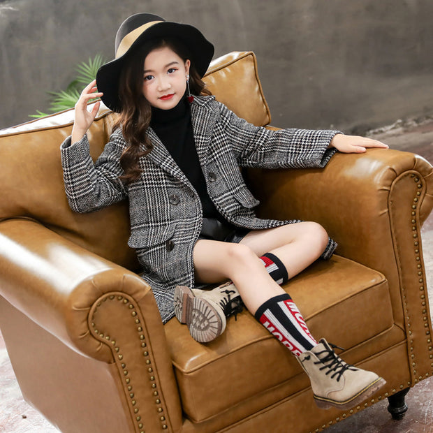 Gray plaid houndstooth coat for girls - Luxury Fashion London