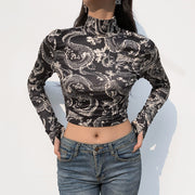 Print Anime Shirt Female Turtleneck Long Sleeve Woman Cropped Tshirts Vintage - Luxury Fashion London