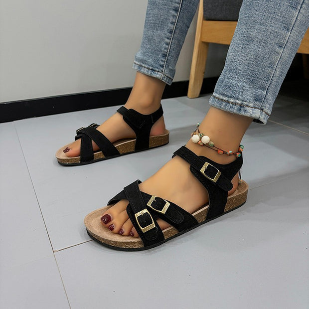 Women's Belt Buckle Cross Strap Large Size Flat Bottom Casual Slippers - Luxury Fashion London