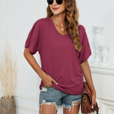 European And American T-shirt Solid Color Casual Loose-fitting V-neck Top - Luxury Fashion London