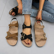 Women's Belt Buckle Cross Strap Large Size Flat Bottom Casual Slippers - Luxury Fashion London