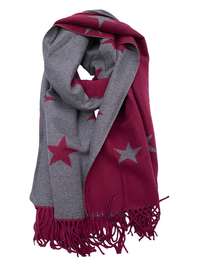 MAROON STARS PRINT scarf cashmere scarf reversible trendy super soft and warm winter shawl unisex trending scarf Xmas gift for him and her - Luxury Fashion London