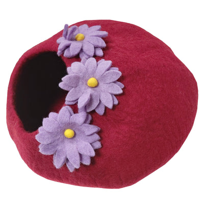 LUXURY 100% Natural Wool Large MAROON RED Floral Cat Cave Handmade Shaped Felt Makes Great Covered Cat House Bed Kitty Indoor Cosy Hideaway - Luxury Fashion London