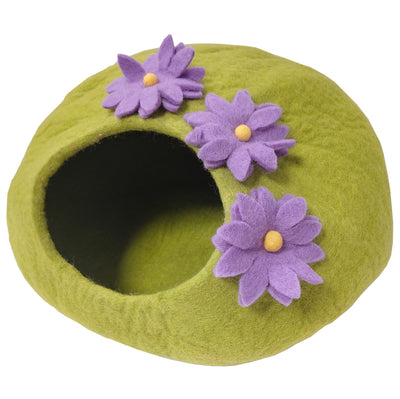 LUXURY 100% Natural Wool GREEN Floral Cat Cave Handmade Shaped Felt Makes Great Covered  Indoor outdoor Cat House Bed Kitty Cosy Hideaway - Luxury Fashion London