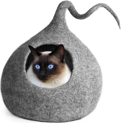 LUXURY Premium Handmade Felt Cat Bed Cave BROWN  House ( large/Xl-44-48Cm)  100% Merino Wool Bed for Cats and Kittens with tails cat caves - Luxury Fashion London