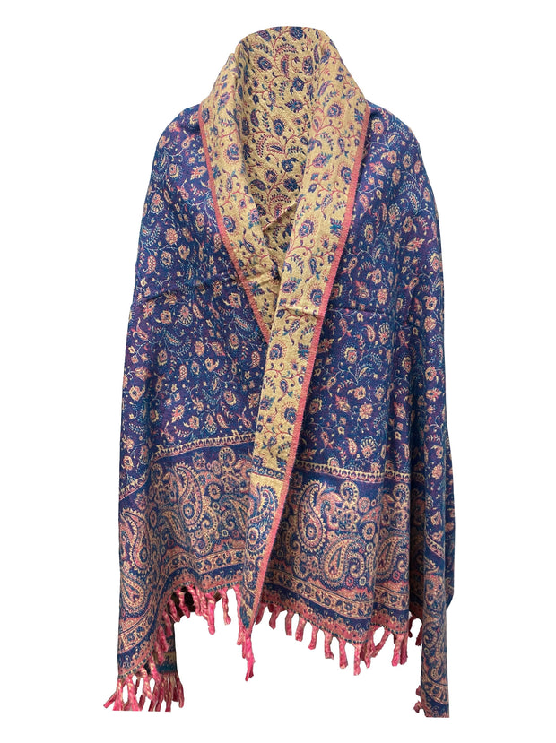 LUXURY HANDMADE  Blue Pink Floral Scarf Yak Wool yoga blanket stole unisex Travel Wrap Meditation Soft Shawl special Gift for her - Luxury Fashion London