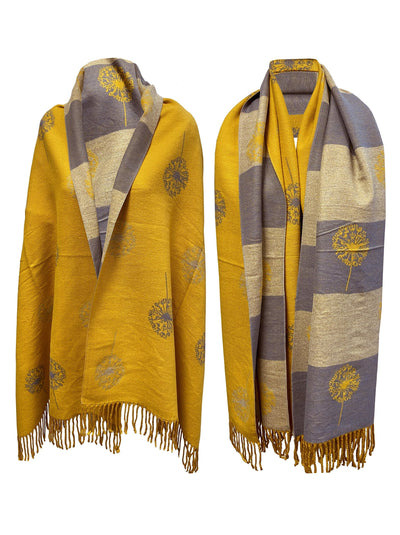 DANDELION PRINT Scarf Rich MUSTARD grey cashmere scarf reversible super soft winter shawl unisex trending scarf Xmas gift for him and her - Luxury Fashion London