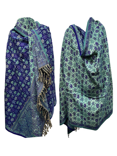 LUXURY HANDMADE  Blue Mint Floral Scarf Yak Wool yoga blanket stole unisex Travel Wrap Meditation Soft Shawl special Gift for her - Luxury Fashion London