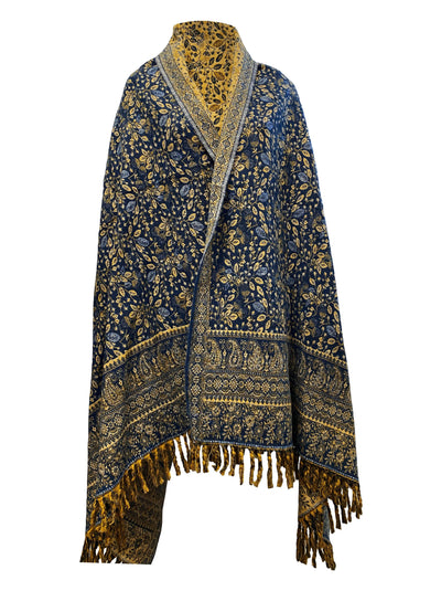 NEW LUXURY HANDMADE Dark Blue Floral Scarf Yak Wool comfortable scarf Blanket stole unisex Travel Wrap Meditation Soft Shawl special Gift - Luxury Fashion London